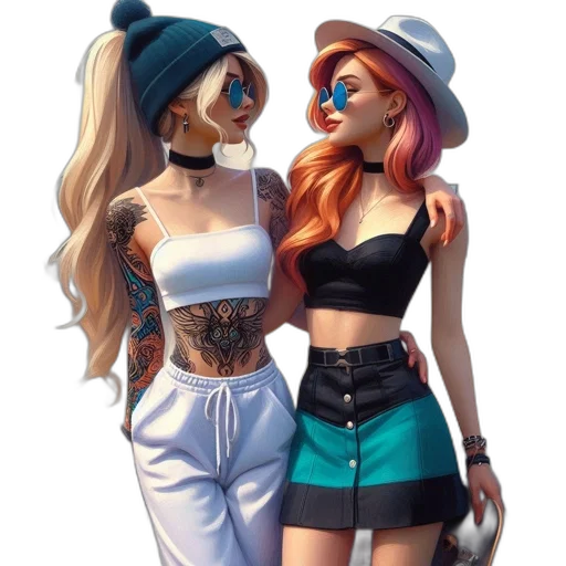 concept art, cartoon, 3d render, fantasy art, neon lights, two, female, friends transparent PNG cut-out