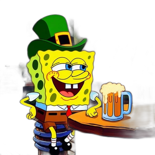 hat, cartoon, 3d render, spongebob, sits, bar, counter, wooden transparent PNG cut-out