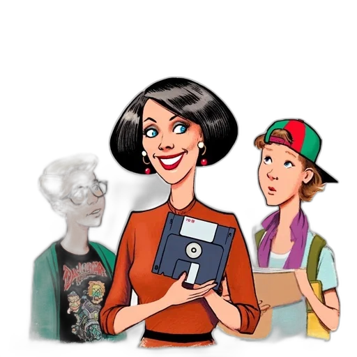 cartoon, comic book art, concept art, woman, floppy, disk, smiles, two transparent PNG cut-out