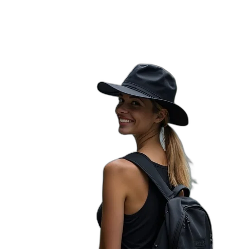 hat, staff, umbrella, jacket, photorealistic, 3d render, dark, woman transparent PNG cut-out