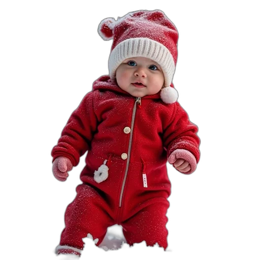 jacket, hat, 3d render, photorealistic, red, baby, onesuit, snowman transparent PNG cut-out