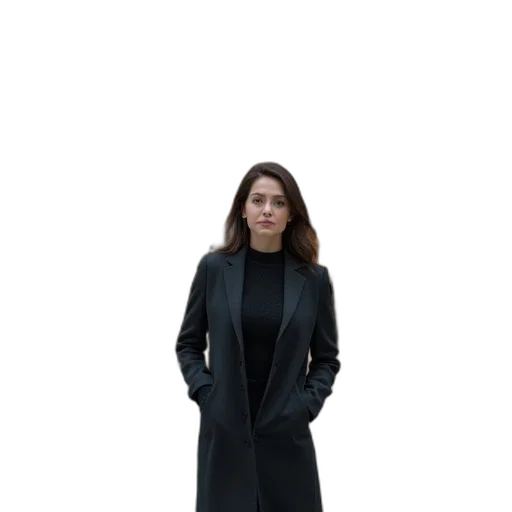 jacket, dress, staff, concept art, dark, monochrome, woman, standing transparent PNG cut-out