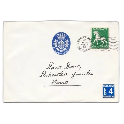 white, envelope, blue, stamp, center, featuring, coat, arms transparent PNG cut-out