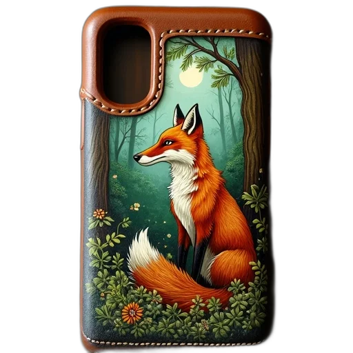 fantasy art, forest, brown, leather, case, detailed, painting, fox transparent PNG cut-out
