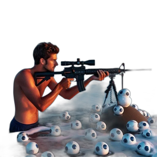 weapon, animal, concept art, 3d render, pixel art, photorealistic, underwater, shirtless transparent PNG cut-out