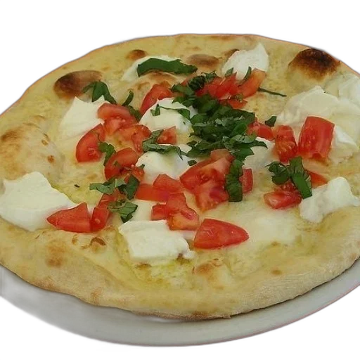 food, pizza, tomatoes, cheese, basil, white, plate transparent PNG cut-out