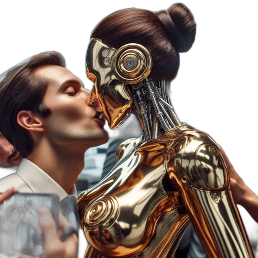 robot, concept art, photorealistic, cyberpunk, 3d render, man, kisses, golden transparent PNG cut-out