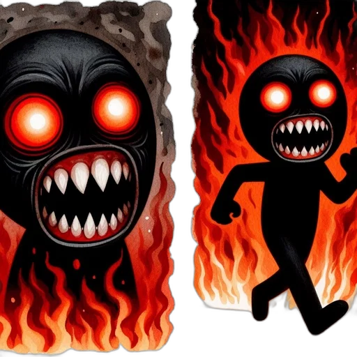 mask, concept art, comic book art, 3d render, pixel art, fire, two-panel, artwork transparent PNG cut-out