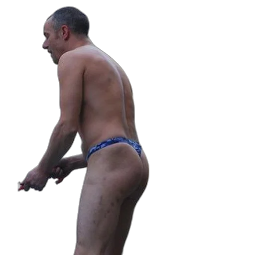 staff, creature, man, blue, thong, stands, umbrella, while transparent PNG cut-out