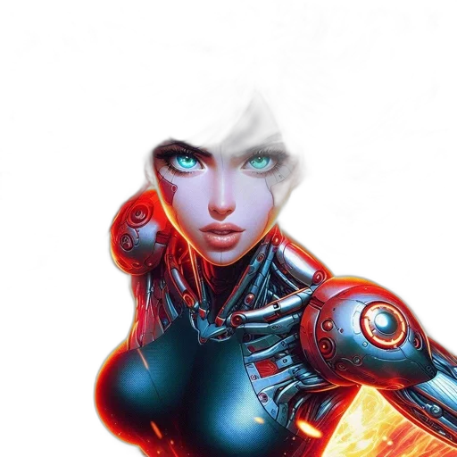 robot, comic book art, concept art, cyberpunk, fantasy art, fiery, battle, scene transparent PNG cut-out