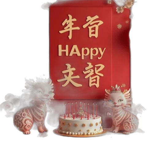 photorealistic, 3d render, chinese, happy, birthday, images transparent PNG cut-out
