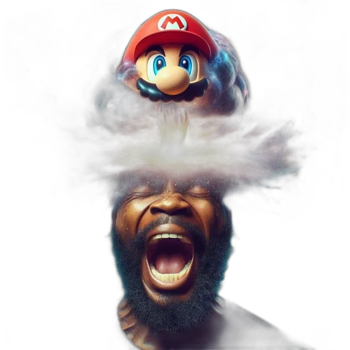hat, face, mask, concept art, man, head, explodes, vibrant transparent PNG cut-out