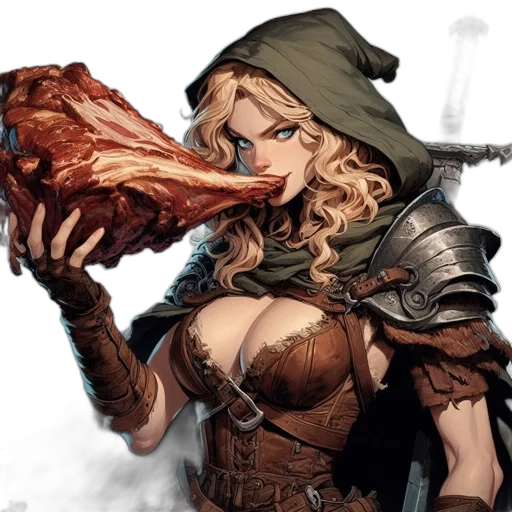 food, fantasy art, comic book art, concept art, pixel art, woman, donning, medieval transparent PNG cut-out