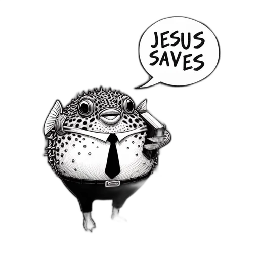 animal, comic book art, concept art, black, white, illustration, pufferfish, donning transparent PNG cut-out