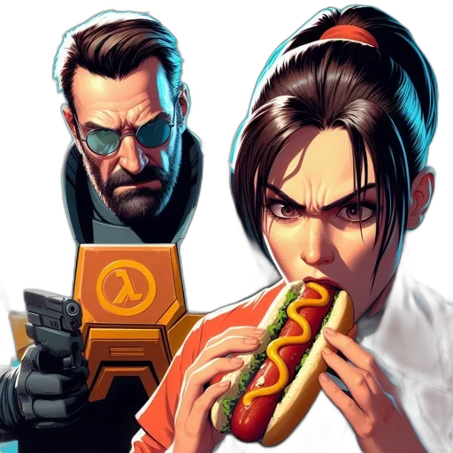 food, comic book art, concept art, pixel art, cyberpunk, two, animated, characters transparent PNG cut-out