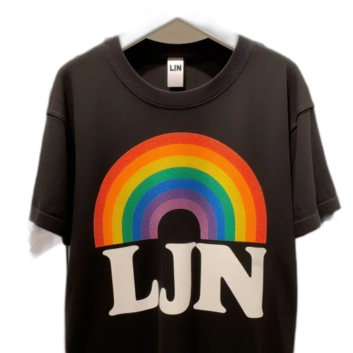 black, t-shirt, rainbow-colored, word, ljn, displayed, white, hanger transparent PNG cut-out