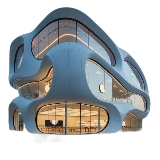 building, 3d render, concept art, modern, futuristic, curvilinear, design, primarily transparent PNG cut-out