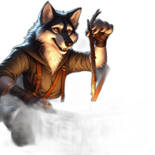 staff, jacket, weapon, animal, concept art, fantasy art, watercolor, photorealistic transparent PNG cut-out