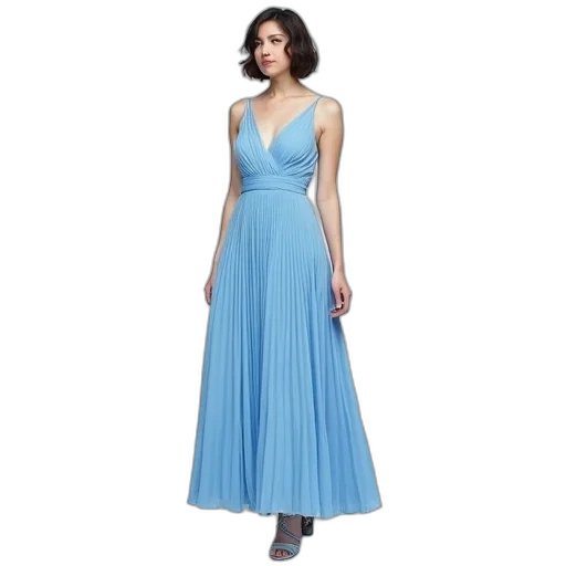 dress, blue, woman, wearing, sleeveless, floor-length, light, pleated transparent PNG cut-out
