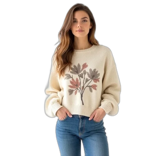 jacket, earth tones, woman, wearing, cream-colored, sweater, floral, pattern transparent PNG cut-out