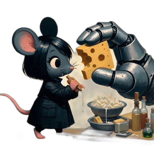 food, robot, concept art, small, mouse, black, coat, stands transparent PNG cut-out