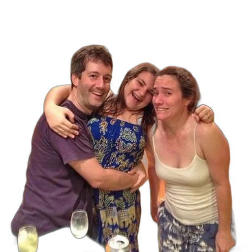 staff, dress, three, friends, hug, kitchen, microwave, counter transparent PNG cut-out