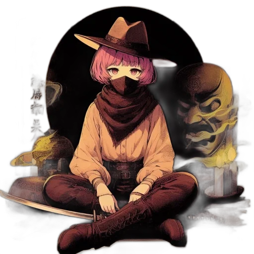 mask, hat, face, staff, concept art, anime, watercolor, comic book art transparent PNG cut-out