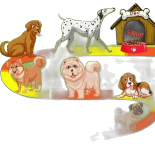 concept art, colorful, illustration, various, dogs, winding, path, start transparent PNG cut-out