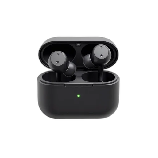 robot, black, wireless, earbud, charging, case, displayed, against transparent PNG cut-out