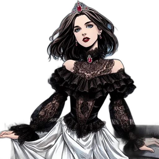 dress, jewelry, comic book art, concept art, cartoon, fantasy art, dark, monochrome transparent PNG cut-out