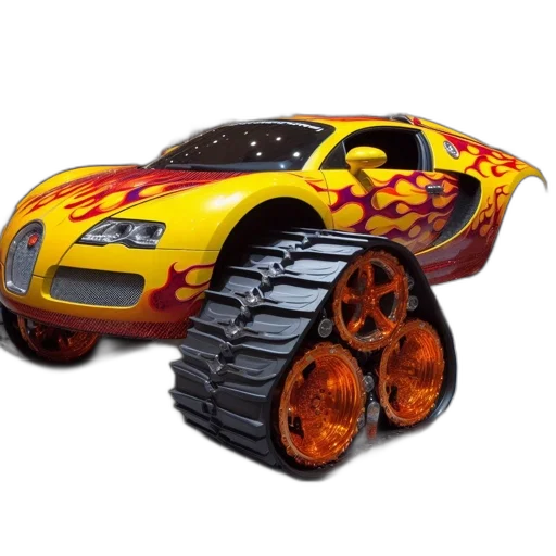 car, robot, weapon, 3d render, concept art, photorealistic, vibrant, flame-patterned transparent PNG cut-out