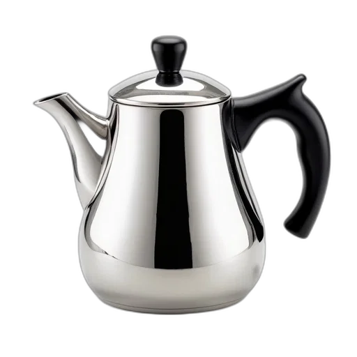 3d render, photorealistic, shiny, new-looking, stainless, steel, teapot, black transparent PNG cut-out