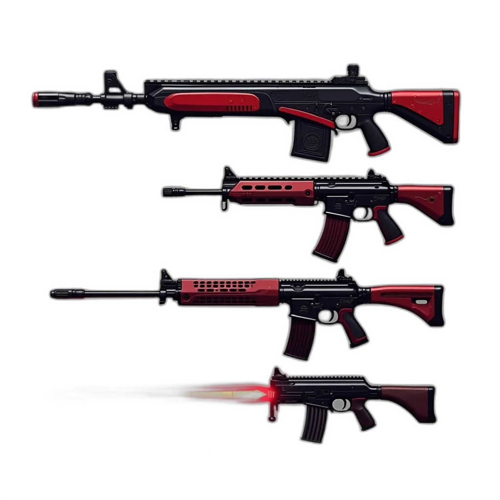 weapon, concept art, 3d render, pixel art, cyberpunk, red, dark, collection transparent PNG cut-out