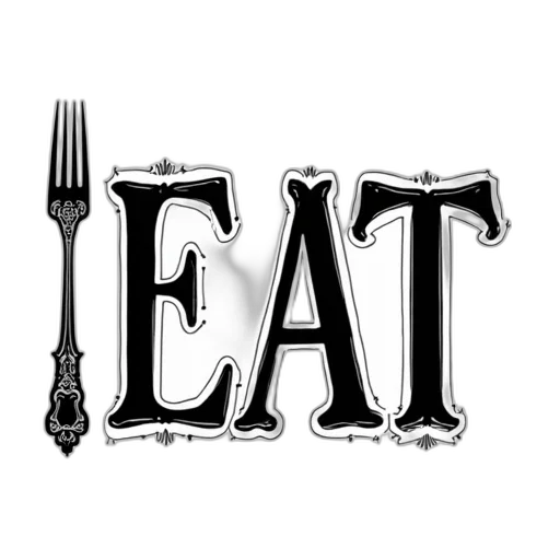 food, staff, black, white, illustration, word, eat, stylized transparent PNG cut-out