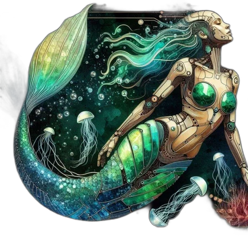 creature, fantasy art, concept art, comic book art, watercolor, outer space, underwater, green transparent PNG cut-out