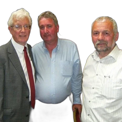 staff, three, men, stand, together, front, banner, reads transparent PNG cut-out