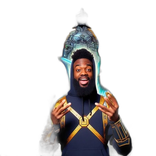 jacket, staff, crown, sword, concept art, outer space, vibrant, fantastical transparent PNG cut-out