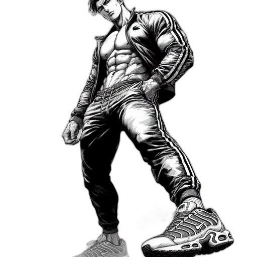 weapon, comic book art, concept art, photorealistic, cartoon, muscular, man, jacket transparent PNG cut-out