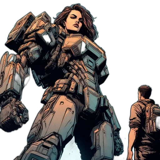 robot, comic book art, concept art, cyberpunk, earth tones, strong, female, figure transparent PNG cut-out