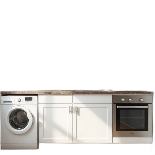 furniture, 3d render, photorealistic, earth tones, small, kitchen, white, cabinets transparent PNG cut-out