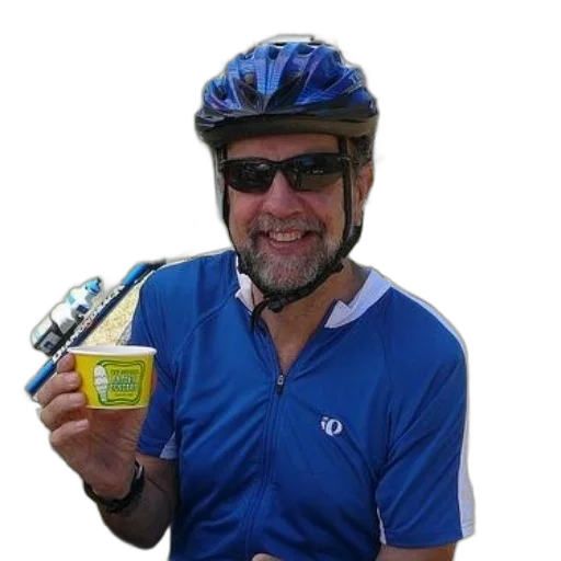 food, man, blue, cycling, jersey, helmet, holds, yellow transparent PNG cut-out