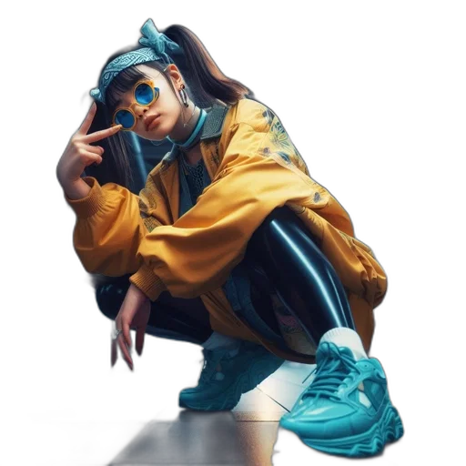 jacket, staff, shoes, face, concept art, cyberpunk, 3d render, vaporwave transparent PNG cut-out
