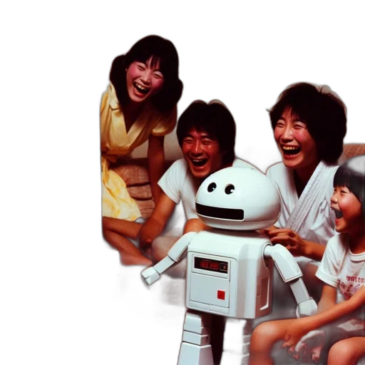 robot, 3d render, concept art, photorealistic, vaporwave, outer space, jovial, family transparent PNG cut-out