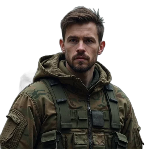 jacket, face, staff, weapon, concept art, military, man, wearing transparent PNG cut-out