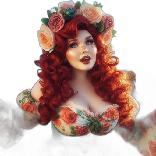 dress, crown, flower, fantasy art, concept art, photorealistic, watercolor, red transparent PNG cut-out