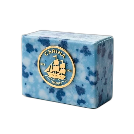 blue, bar, soap, white, speckled, pattern, gold, label transparent PNG cut-out