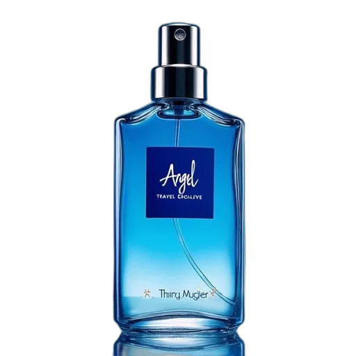 bottle, perfume, blue, label, featuring, word, angel, white transparent PNG cut-out