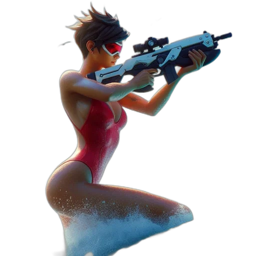 weapon, concept art, cyberpunk, comic book art, 3d render, underwater, woman, red transparent PNG cut-out
