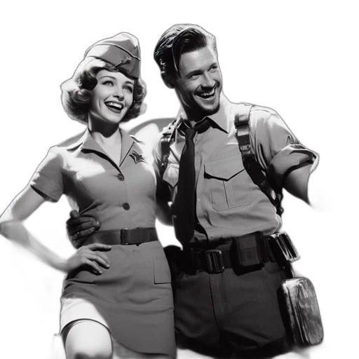 dress, staff, concept art, photorealistic, airborne, couple, retro, military transparent PNG cut-out