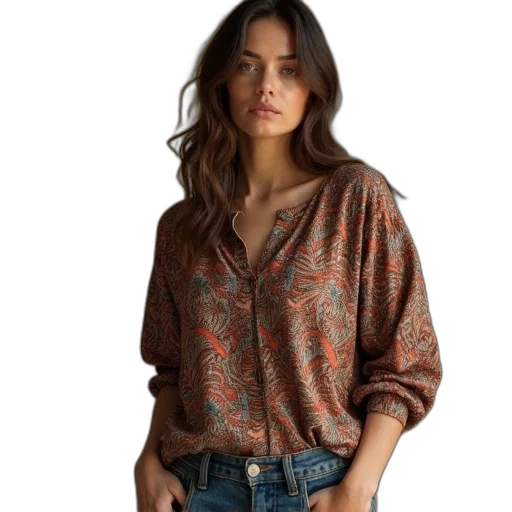 jacket, earth tones, woman, wearing, brown, paisley, tunic, jeans transparent PNG cut-out